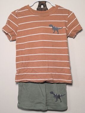 Pekkle Dinosaur Short Set Striped Rust & White Tee + Olive Dino Shorts Size 3T